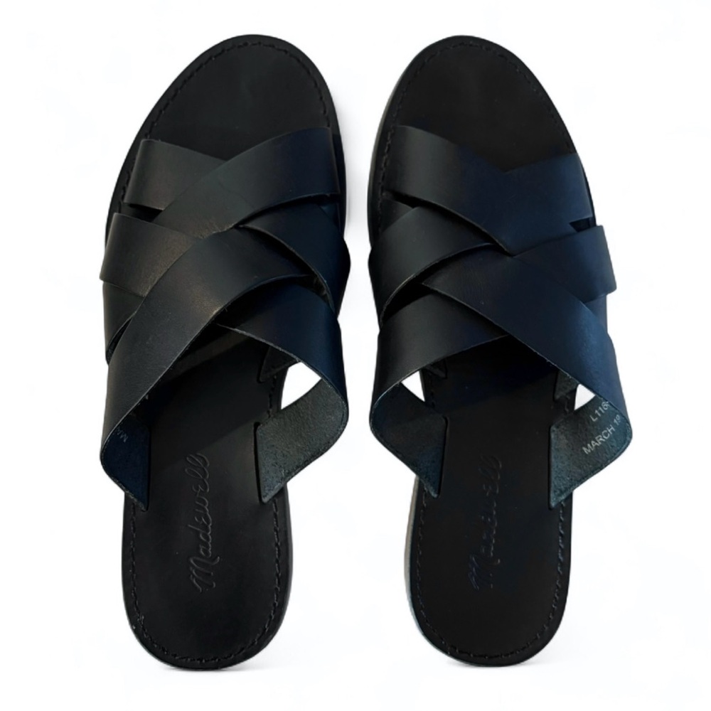 Madewell Boardwalk Leather Woven Strap Flat Slide Sandals Black